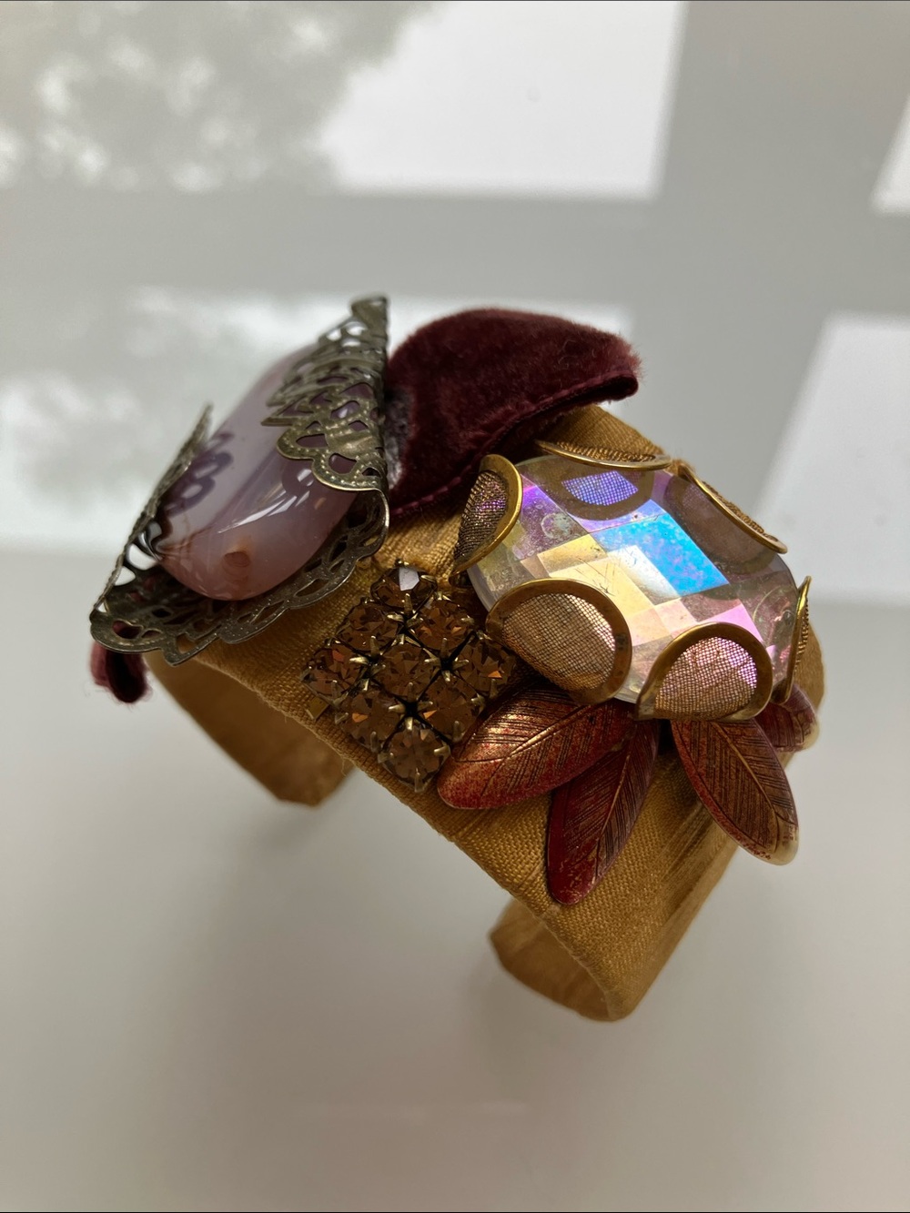 Anthropologie Gold Raw Silk Cuff Bracelet with Plum Velvet & Stone.